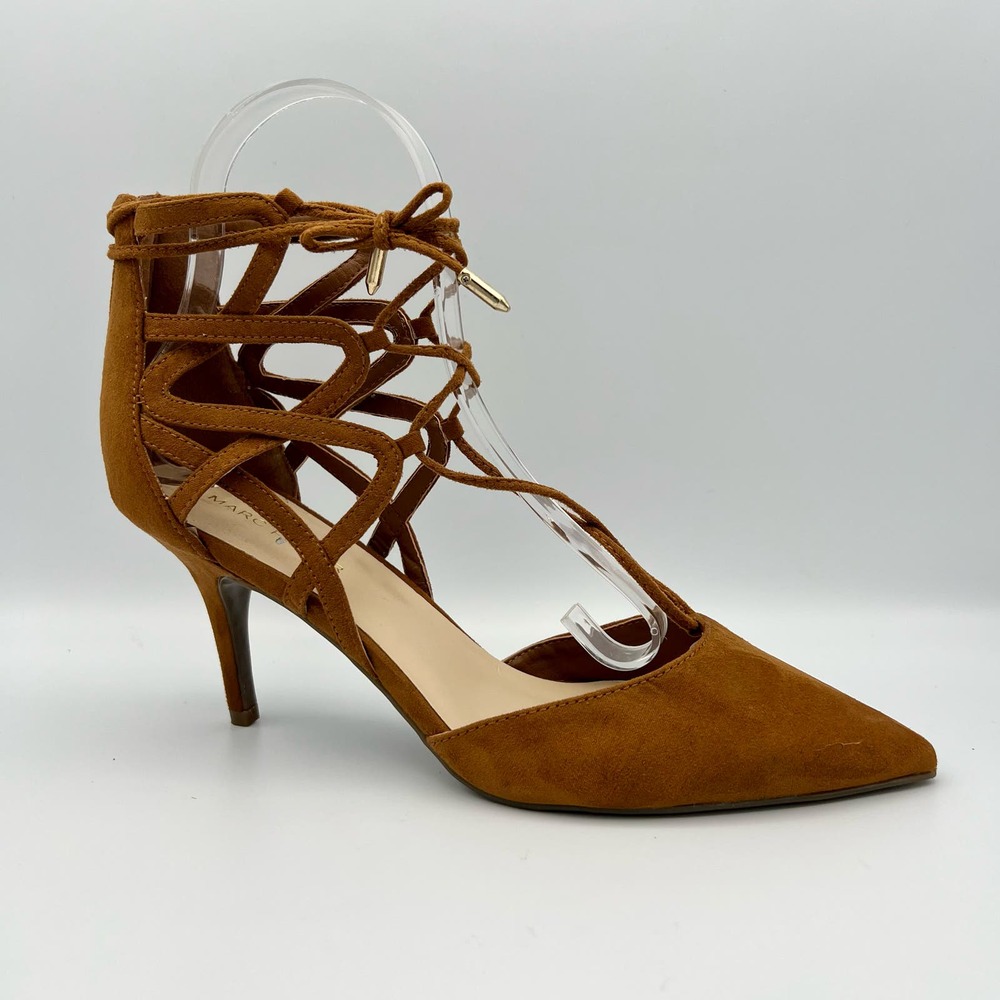 Marc Fisher Strappy Heels Womens size 8.5M Brown Leather Ankle Tie Pointy Toe